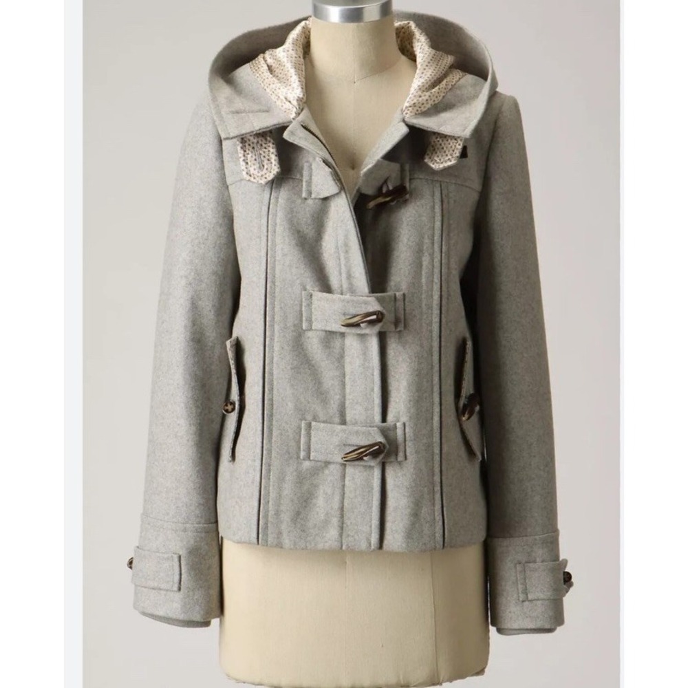 Anthropologie Jacket Pea Coat Wool First Frost Hooded Toggles Gray size 12/L EUC